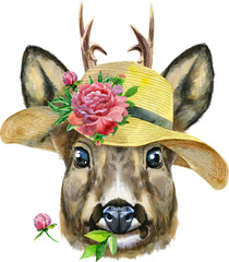 Watercolor portrait of a roe deer in summer hat with flower on white background - 778394918