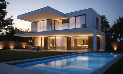 3d rendering of modern cozy house with garage and pool for sale or rent with beautiful landscaping on background.