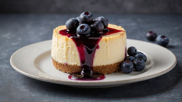 Round molded single serve piece cheesecake cake slice with blueberry sauce and blueberries on top on a white plate with a simple background