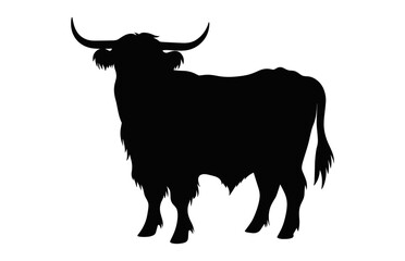 Highland Cattle Cow Vector black Silhouette isolated on a white background