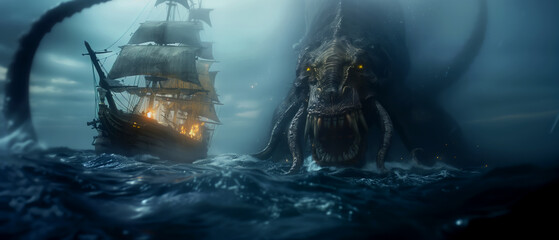 Kraken attack pirate ship in the middle of the dark ocean on misty background, fantasy illustration, massive tentacles - obrazy, fototapety, plakaty