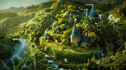 A whimsical diorama of miniature figures and fantastical creatures, set amidst a lush landscape of rolling hills and winding rivers, inviting viewers to step into a world of imagination and wonder.