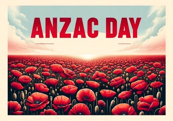 Retro background design for anzac day with a poppy field. - obrazy, fototapety, plakaty