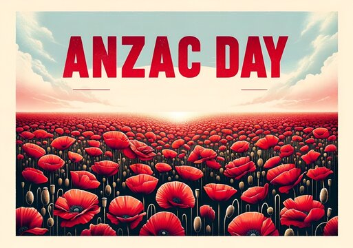 Retro background design for anzac day with a poppy field.