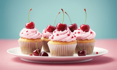 Cupcakes with cherry on a plate on a pastel background