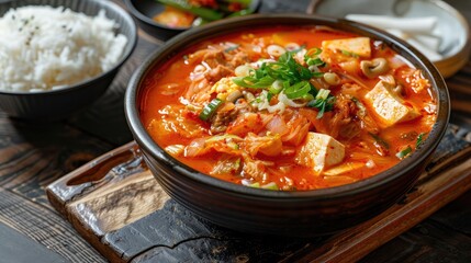 A vibrant bowl of spicy kimchi jjigae, with fermented cabbage, tofu, and pork simmered in a fiery red broth, served with a bowl of steamed rice 