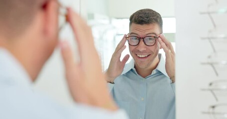 Man, reflection and mirror with glasses for optometry or vision and happy for shopping choice in store. Male person, eye health and selection for prescription, spectacles and eyewear for eyesight.