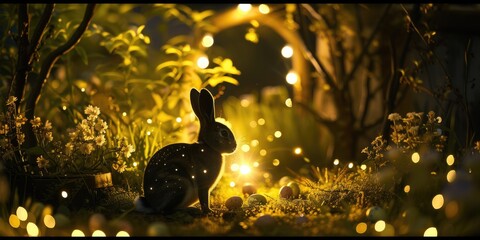 A rabbit is perched in the natural landscape of grass, beside an Easter egg. The scene combines...