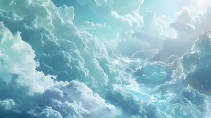 Cool shades of blue and mint with snow-white clouds and crystalline streams - obrazy, fototapety, plakaty