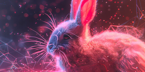 Cute little rabbit with glowing particles and lines in the background against a dark pink light effect background
