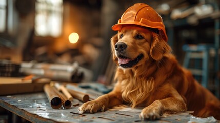 a dog in a hard hat sitting down at a table with some tools