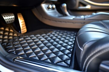 Luxury Car Interior Detailing. Close-up of quilted leather car seat and pedals.