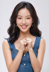 Cheerful East Asian Woman in Denim Top and  Bright Smile