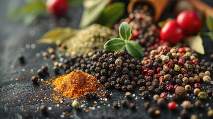 Spices on a wooden background, close-up. Bay leaf, black pepper peas and cardamom. Seasonings and herbs of world cuisines - Powered by Adobe