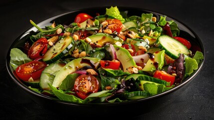 A vibrant salad bursting with color and flavor, with crisp mixed greens, ripe cherry tomatoes, crunchy cucumbers, and creamy avocado slices, drizzled 