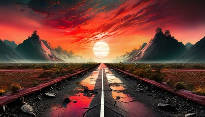 illustration of a damaged streight road ahead in a in a distopian world and a red and black color scheme with a sunset - obrazy, fototapety, plakaty