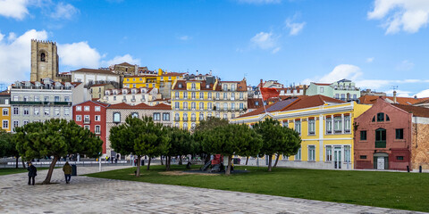 View from waterfront of Lisbon back to city panorama