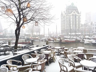 Snowed terrace in Rotterdam, Netherlands