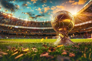 Golden soccer ball on the green grass of the football stadium at sunset. The concept of sport, competition and championship. Copy space. - obrazy, fototapety, plakaty