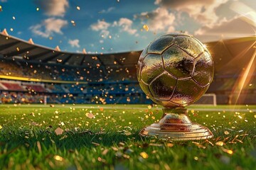 Golden soccer ball on the grass of a soccer stadium. - obrazy, fototapety, plakaty