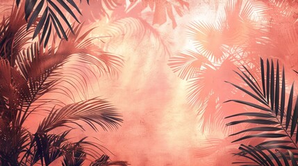 Fototapeta na wymiar Tropical Foliage Shadows on Soft Pastel Coral Canvas.