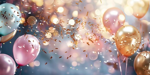 Bright balloons surrounded by golden confetti gives an instantly recognizable celebratory background for festive occasions - obrazy, fototapety, plakaty