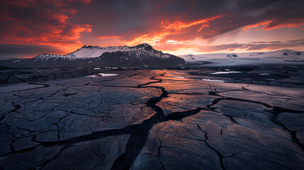 Iceland, sunset, cracked black lava floor with snowcapped mountains in the background - obrazy, fototapety, plakaty