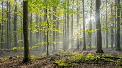 Obraz premium A dense woodland brimming with numerous arboreal specimens, bathed in ample sunlight filtering through their foliage
