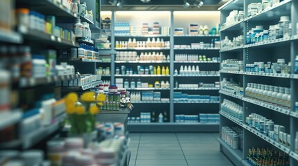 A well-organized pharmacy counter showcasing rows of neatly arranged prescription medications and over-the-counter drugs, ready to serve the needs of customers. - obrazy, fototapety, plakaty