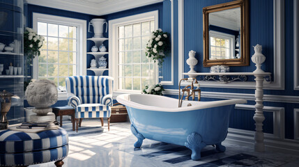 Blue and white bathroom white tub side - obrazy, fototapety, plakaty