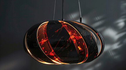A black and red marble pendant light, where the shade is crafted from thin slices of marble that glow warmly when lit from within. 32k, full ultra HD, high resolution