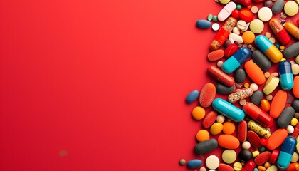 Obraz premium Colorful drug pills and capsules on red background, empty space for text