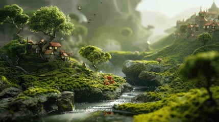 Fototapeta na wymiar A whimsical diorama of miniature figures and fantastical creatures, set amidst a lush landscape of rolling hills and winding rivers, inviting viewers to step into a world of imagination and wonder.
