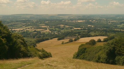 Obraz premium Top of hill, valley, lush green field, trees