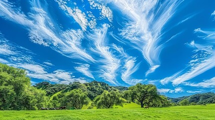  A painting depicts a verdant field dotted with trees, above which stretches a cobalt sky adorned with feathery clouds In the distance are a couple of c - obrazy, fototapety, plakaty