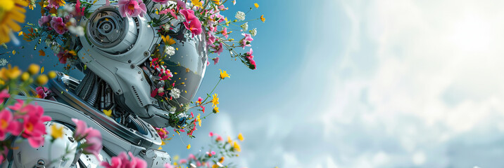 Futuristic cyber robot with helmet filled with of fresh flowers against blue sky. Banner with copy space