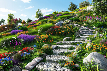 A terraced hillside garden with flowing streams, stone paths, and vibrant flower beds cascading down the slope,. 32k, full ultra hd, high resolution