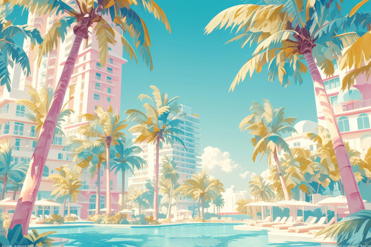 A art deco style photo of Miami Beach, pastel colors, palm trees and buildings, pink, teal and orange color palette