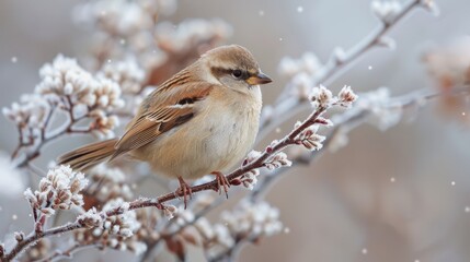 Sparrow perched on frost-covered branches in soft morning light