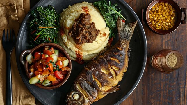 Discover the vibrant flavors of East Africa with ugali, a hearty cornmeal dough paired with succulent fish and savory greens.