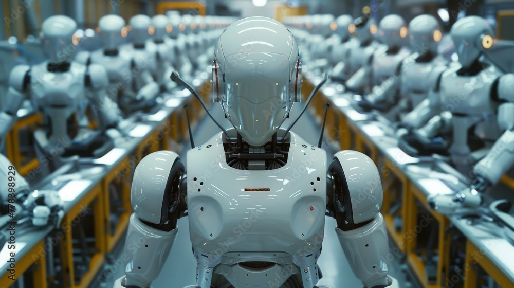 Poster futuristic factory: task automation and robot organization.