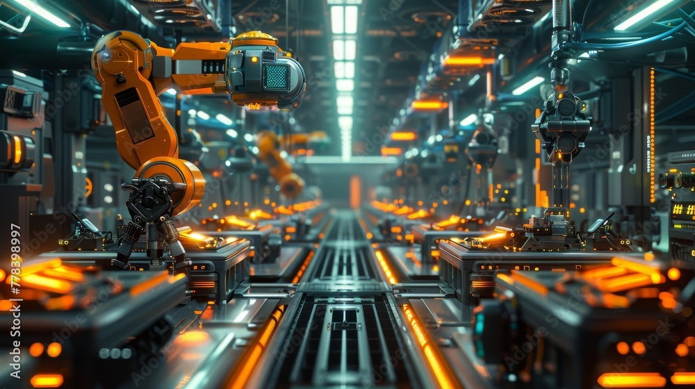 Poster futuristic factory: task automation and robot organization.