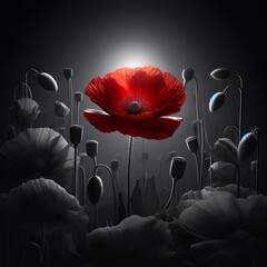 Anzac day realistic illustration with a red poppy in full bloom.