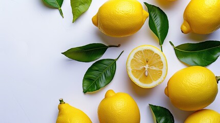 Fresh lemons with leaves isolated on a bright white background