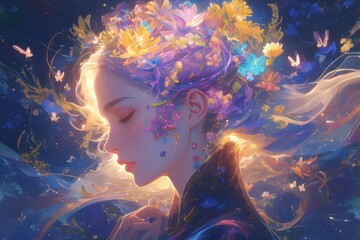 A beautiful woman's head with glowing brain and colorful flowers inside - obrazy, fototapety, plakaty