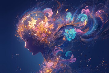 A beautiful woman's head with glowing colorful abstract floral design - obrazy, fototapety, plakaty