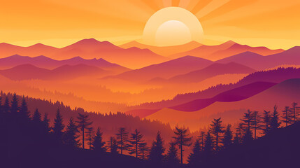 Obraz premium Fiery Sunset and Silhouetted Forest