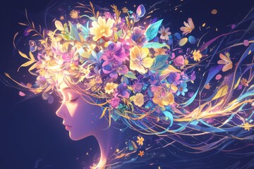 A beautiful woman's head with glowing colorful abstract floral design, against dark background