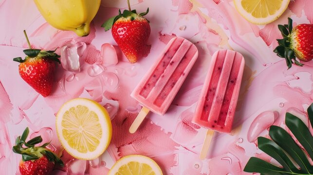 Strawberry ice pops and fresh lemons on a pink summery backdrop