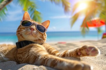 A cat wearing sunglasses is laying on the beach. Summer heat concept